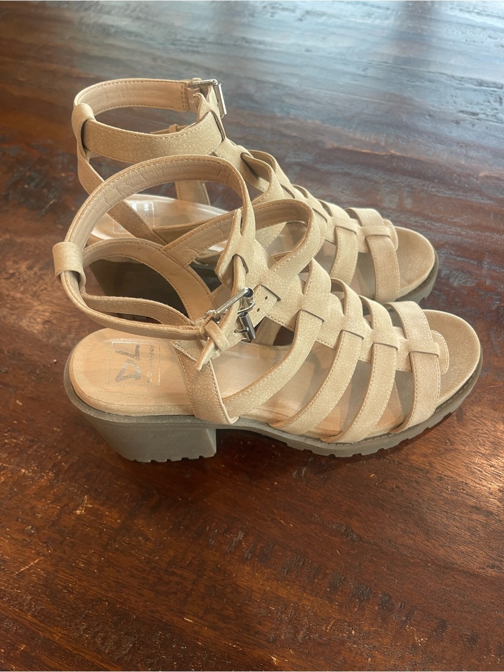 Dirty Laundry Tan Woven Ankle-Strap Block Heel Sandals